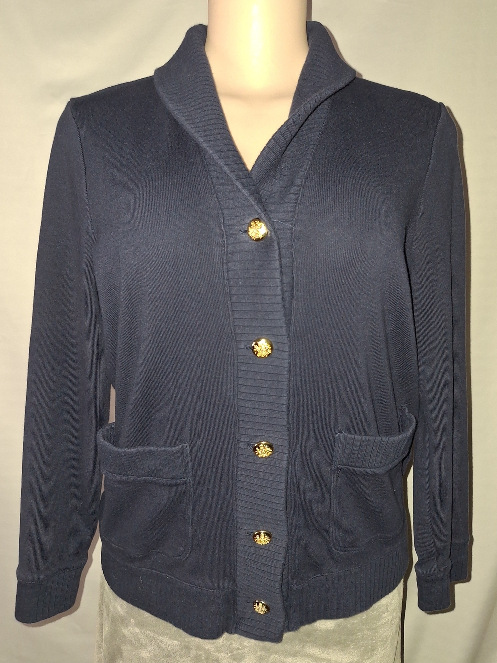 Ralph Lauren Navy Shawl-Collar Cardigan with Gold Buttons